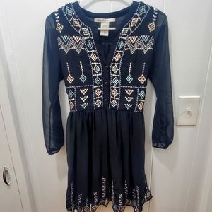 American Rag Black Embroidered Sheer Sleeve Baby Doll Dress Size XXS